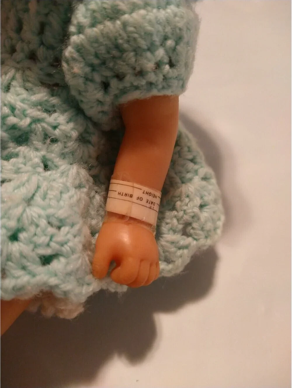 Vintage Infant Baby Doll With Hospital Band And Crocheted Clothing 087